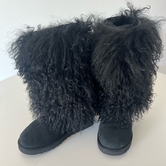 UGG Australia Black Mongolian Fur Leather Sheepskin Tall Cuff Boots Size 8 - Picture 1 of 13